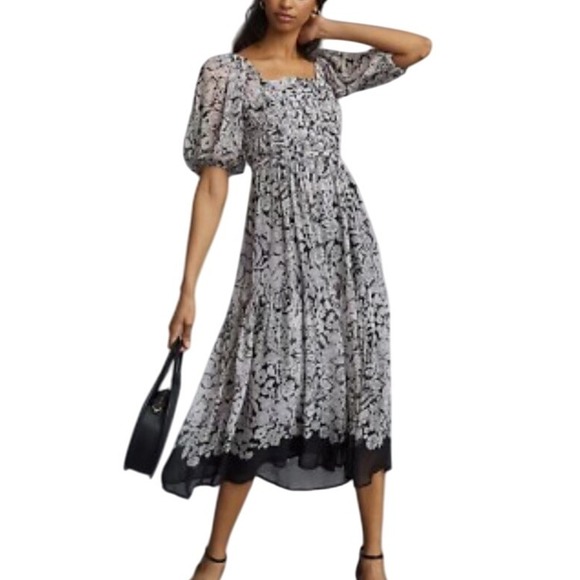 By Anthropologie Dresses & Skirts - Anthropologie Printed Square Neck Smocked Midi Dress Puff Sleeve Tie Back